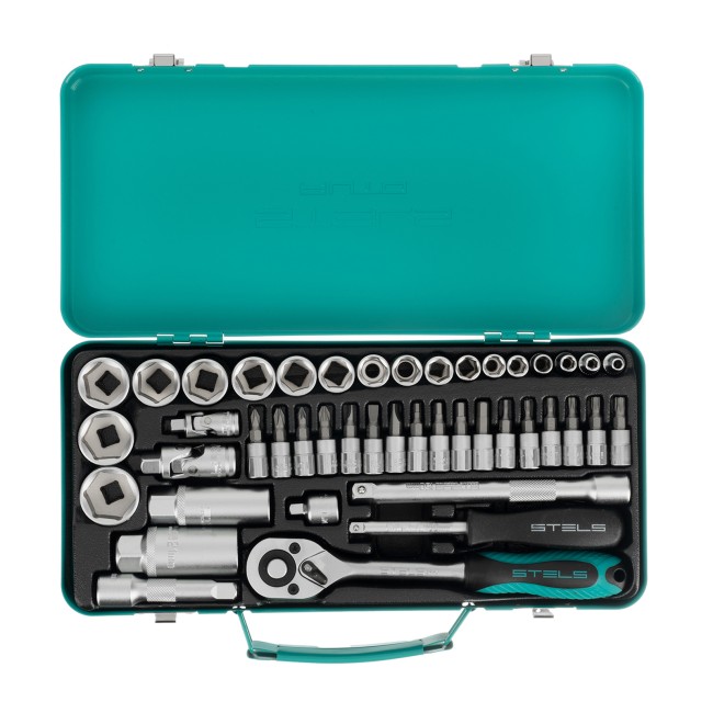 Набор торцевых головок с трещоткой 1/4"и 3/8" 44 предмета Stels Набор торцевых головок с трещоткой 1/4"и 3/8" 44 предмета Stels