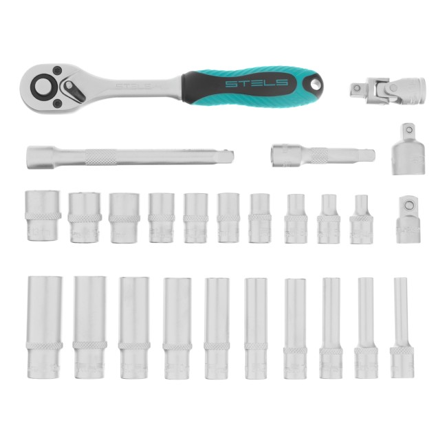 Набор торцевых головок с трещоткой 1/4" 26 предметов Stels Набор торцевых головок с трещоткой 1/4" 26 предметов Stels