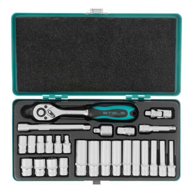 Набор торцевых головок с трещоткой 1/4" 26 предметов Stels Набор торцевых головок с трещоткой 1/4" 26 предметов Stels