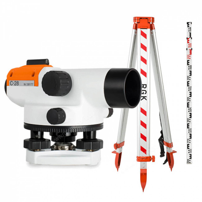 Комплект оптический нивелир RGK C-28 + штатив S6-N + рейка AMO S5 Комплект оптический нивелир RGK C-28 + штатив S6-N + рейка AMO S5